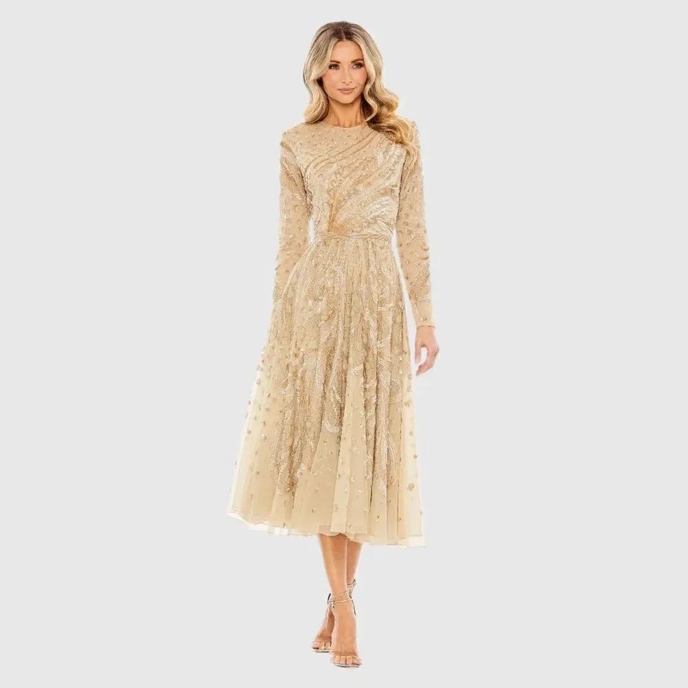 Mac Duggal EMBELLISHED ILLUSION HIGH NECK LONG SLEEVE DRESS 5572 Size 14 Latte